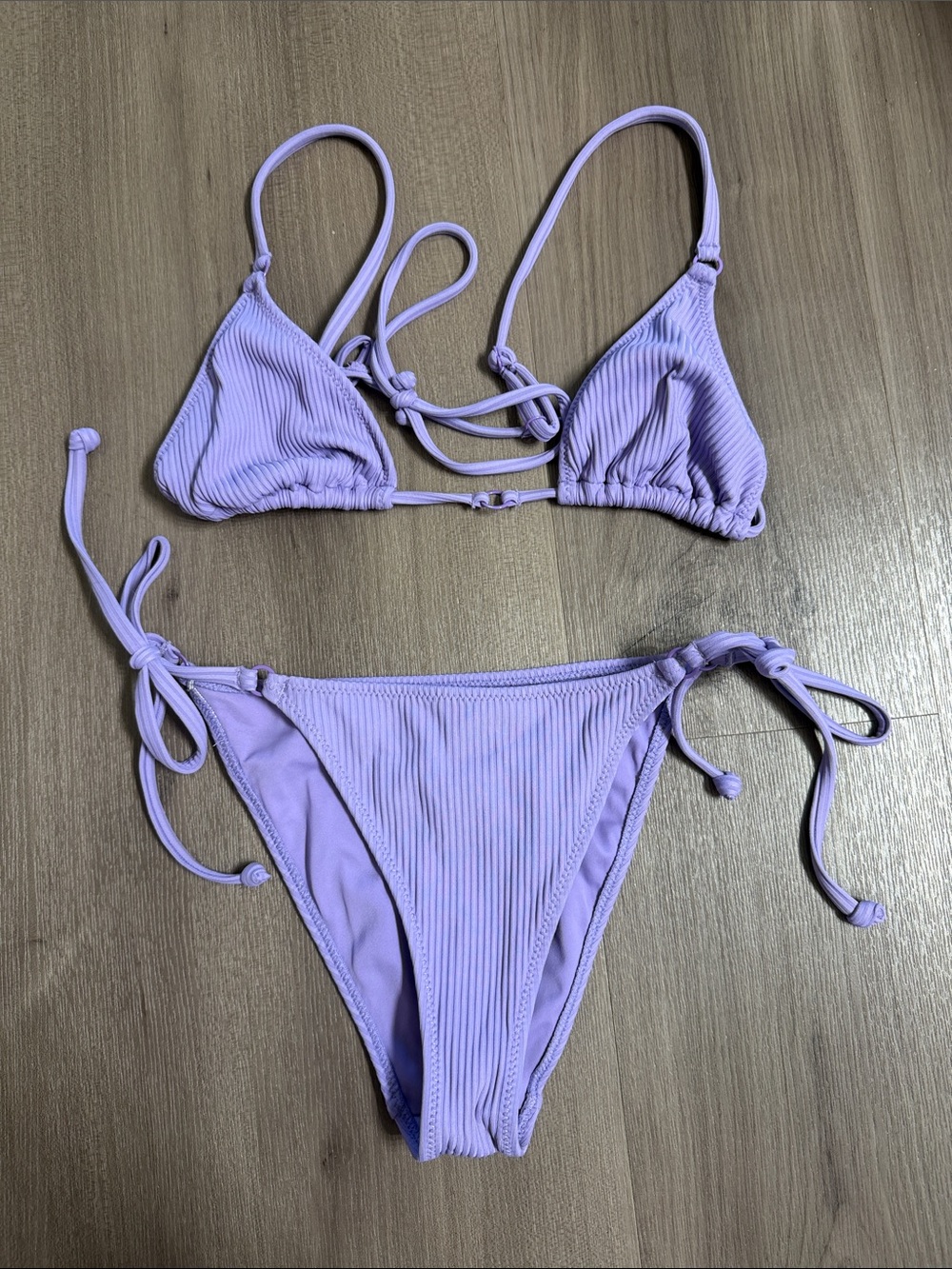 La Hearts Lilac Ribbed Triangle String Bikini